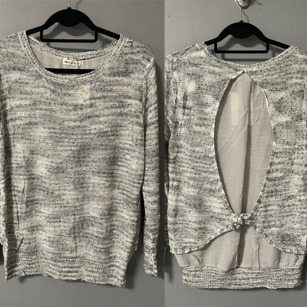 NWT Miracle Lightweight Gray Knit Sweater Semi Sheer Back Insert with Tie. S/M